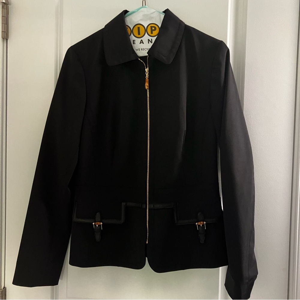 ETCETERA | Black Zippered Front Long Sleeve Blazer Jacket with Bamboo Detail  |